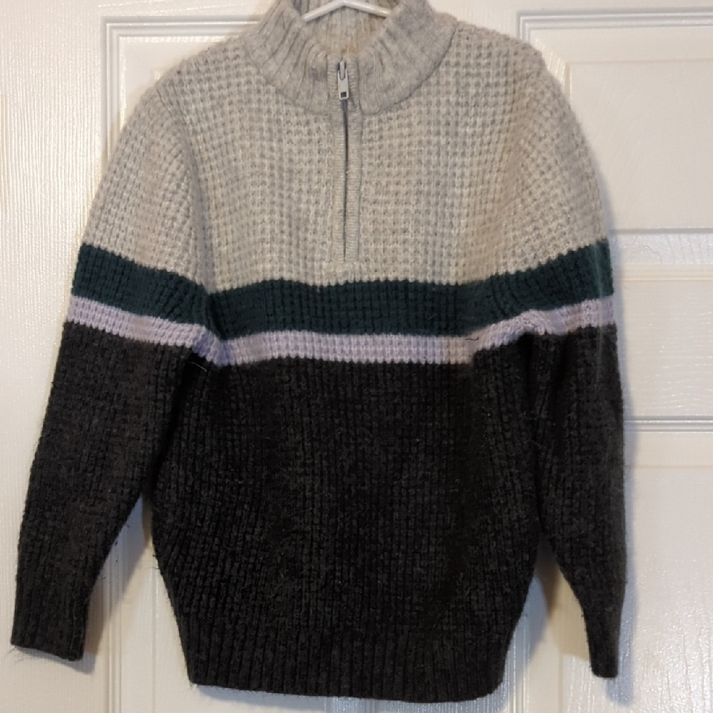 Boys Green and Gray Striped 3/4 Zip Sweater